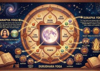An educational infographic chart showing Sunapha, Anapha, and Durudhara yogas in Vedic astrology based on the Moon's position with planetary symbols and descriptions.
