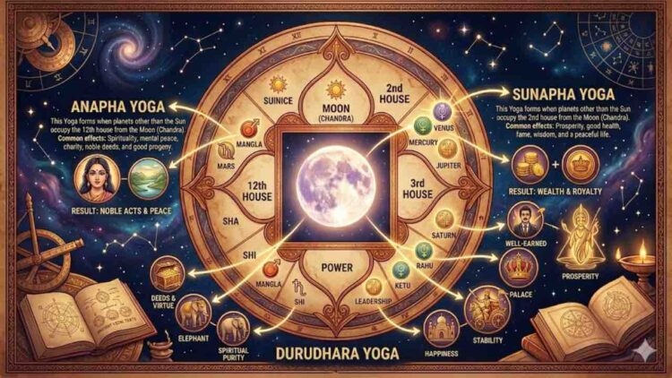 An educational infographic chart showing Sunapha, Anapha, and Durudhara yogas in Vedic astrology based on the Moon's position with planetary symbols and descriptions.
