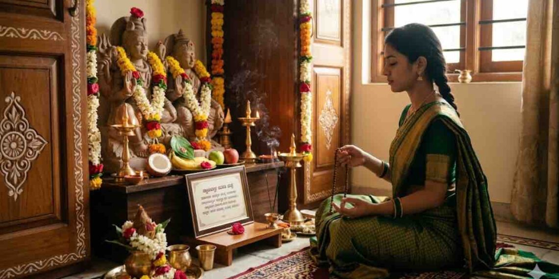 An Indian woman sitting in a prayer room, chanting the Swayamvara Parvati Mantra in front of a Shiva-Parvati idol for marriage blessings.
