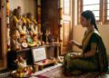 An Indian woman sitting in a prayer room, chanting the Swayamvara Parvati Mantra in front of a Shiva-Parvati idol for marriage blessings.