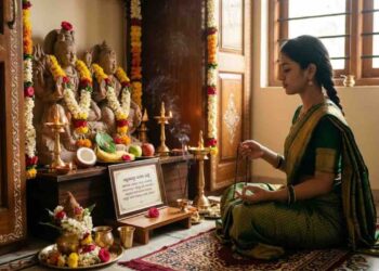 An Indian woman sitting in a prayer room, chanting the Swayamvara Parvati Mantra in front of a Shiva-Parvati idol for marriage blessings.