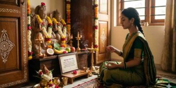 An Indian woman sitting in a prayer room, chanting the Swayamvara Parvati Mantra in front of a Shiva-Parvati idol for marriage blessings.