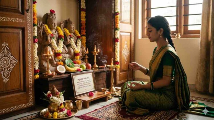 An Indian woman sitting in a prayer room, chanting the Swayamvara Parvati Mantra in front of a Shiva-Parvati idol for marriage blessings.