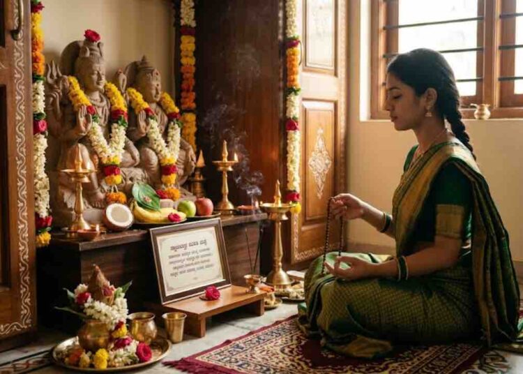 An Indian woman sitting in a prayer room, chanting the Swayamvara Parvati Mantra in front of a Shiva-Parvati idol for marriage blessings.