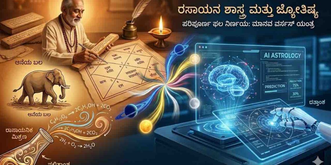 A split conceptual illustration comparing a traditional Indian astrologer analyzing a chart with ancient tools and a modern AI interface displaying digital astrology predictions, featuring chemical equations to symbolize complexity.