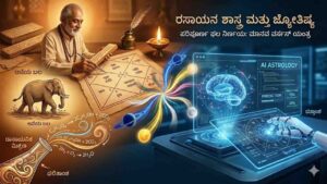 A split conceptual illustration comparing a traditional Indian astrologer analyzing a chart with ancient tools and a modern AI interface displaying digital astrology predictions, featuring chemical equations to symbolize complexity.