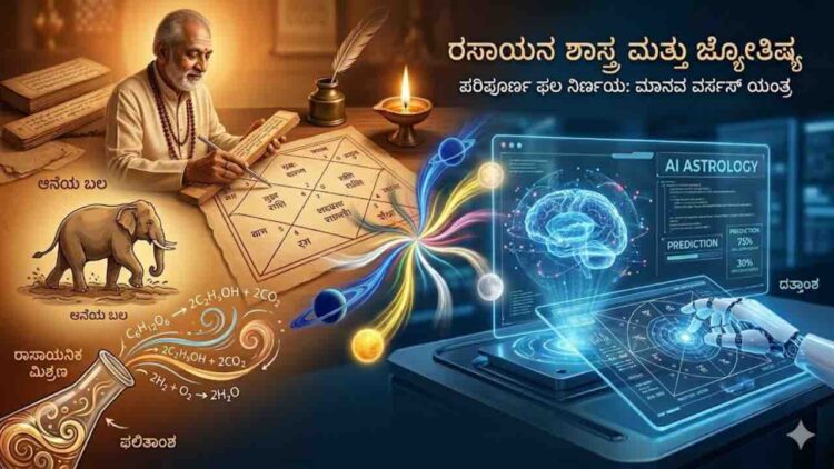 A split conceptual illustration comparing a traditional Indian astrologer analyzing a chart with ancient tools and a modern AI interface displaying digital astrology predictions, featuring chemical equations to symbolize complexity.