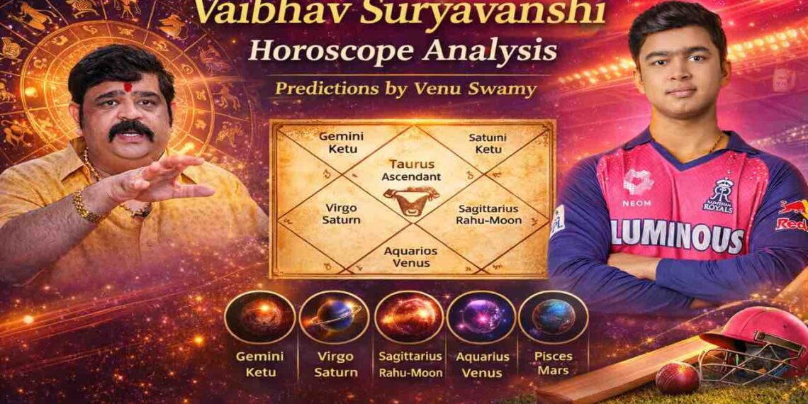 Vaibhav Suryavanshi horoscope analysis with astrologer Venu Swamy and cricket background