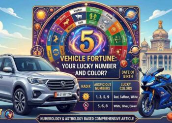 A comprehensive infographic showing vehicle numerology radix chart, lucky colors based on zodiac signs, and a luxury car and bike with a mystical background.