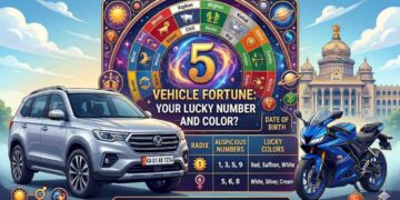 A comprehensive infographic showing vehicle numerology radix chart, lucky colors based on zodiac signs, and a luxury car and bike with a mystical background.