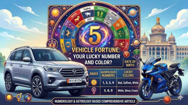 A comprehensive infographic showing vehicle numerology radix chart, lucky colors based on zodiac signs, and a luxury car and bike with a mystical background.