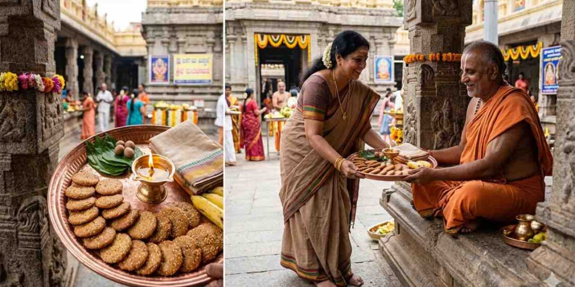 A South Indian woman in a temple donating a platter of traditional Atirasa sweets, fruits, and a lamp to a seated priest during Adhika Masa.