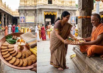 A South Indian woman in a temple donating a platter of traditional Atirasa sweets, fruits, and a lamp to a seated priest during Adhika Masa.