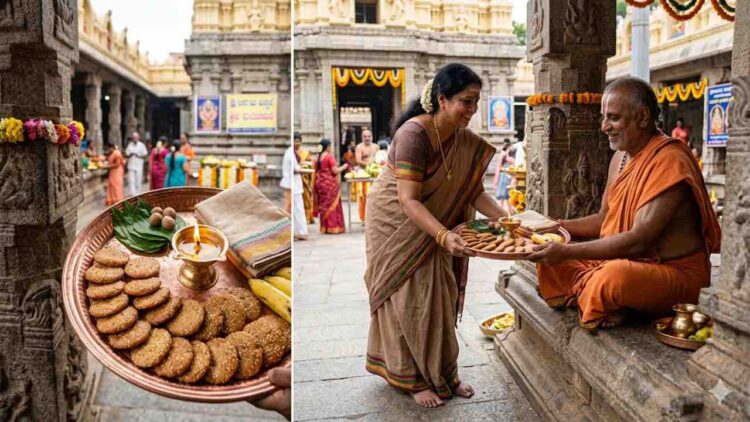 A South Indian woman in a temple donating a platter of traditional Atirasa sweets, fruits, and a lamp to a seated priest during Adhika Masa.