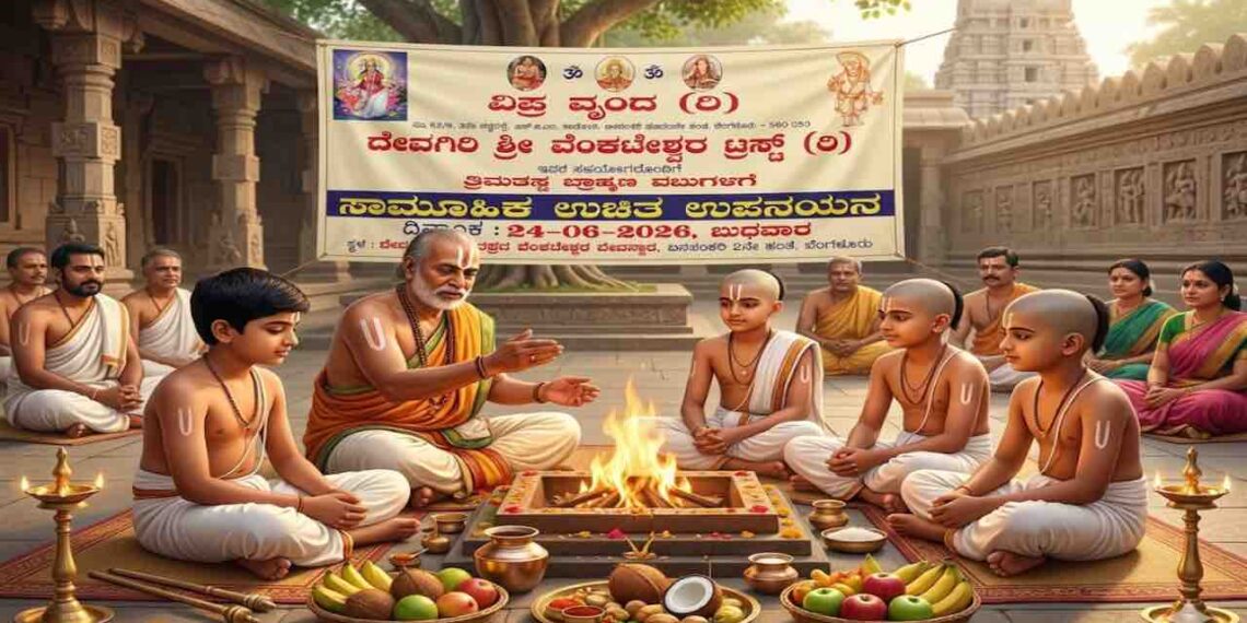 An AI-generated photo-realistic scene of a mass Brahmin sacred thread ceremony (Upanayana) ritual in a temple courtyard, with a group of young boys receiving threads from priests, based on the specific Kannada details from the banner.