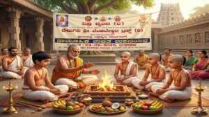 An AI-generated photo-realistic scene of a mass Brahmin sacred thread ceremony (Upanayana) ritual in a temple courtyard, with a group of young boys receiving threads from priests, based on the specific Kannada details from the banner.