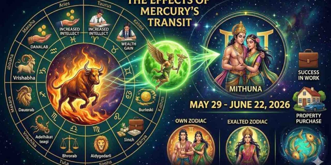 Astrological representation of planet Mercury transit in Gemini zodiac sign with horoscope charts.