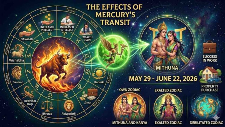 Astrological representation of planet Mercury transit in Gemini zodiac sign with horoscope charts.