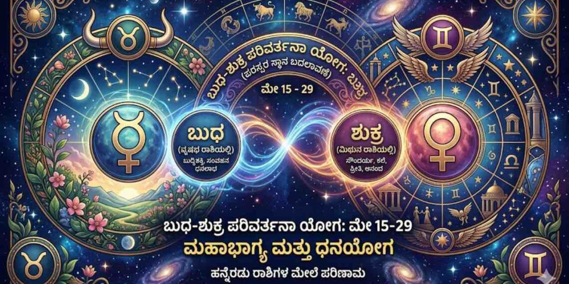 An astrological banner in Kannada depicting the planet exchange yoga (Parivartana Yoga) between Mercury (Budha) in Taurus and Venus (Shukra) in Gemini from May 15 to 29.