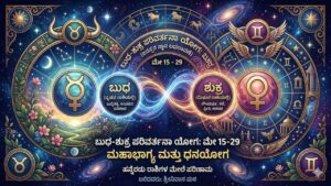 An astrological banner in Kannada depicting the planet exchange yoga (Parivartana Yoga) between Mercury (Budha) in Taurus and Venus (Shukra) in Gemini from May 15 to 29.
