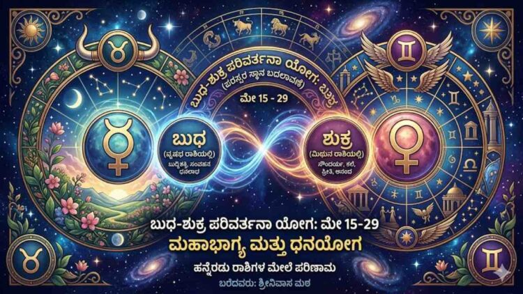 An astrological banner in Kannada depicting the planet exchange yoga (Parivartana Yoga) between Mercury (Budha) in Taurus and Venus (Shukra) in Gemini from May 15 to 29.