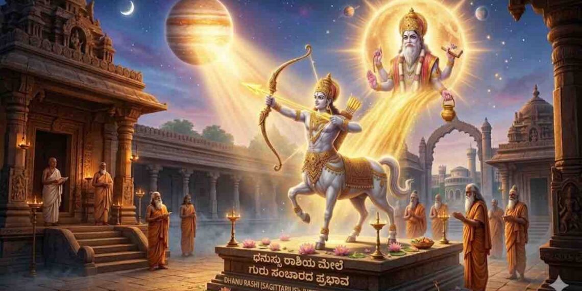 Astrological illustration of Dhanussu Rashi (Sagittarius) receiving divine blessings from Lord Guru in a sacred temple courtyard.