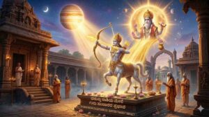 Astrological illustration of Dhanussu Rashi (Sagittarius) receiving divine blessings from Lord Guru in a sacred temple courtyard.