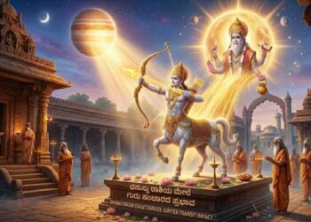 Astrological illustration of Dhanussu Rashi (Sagittarius) receiving divine blessings from Lord Guru in a sacred temple courtyard.