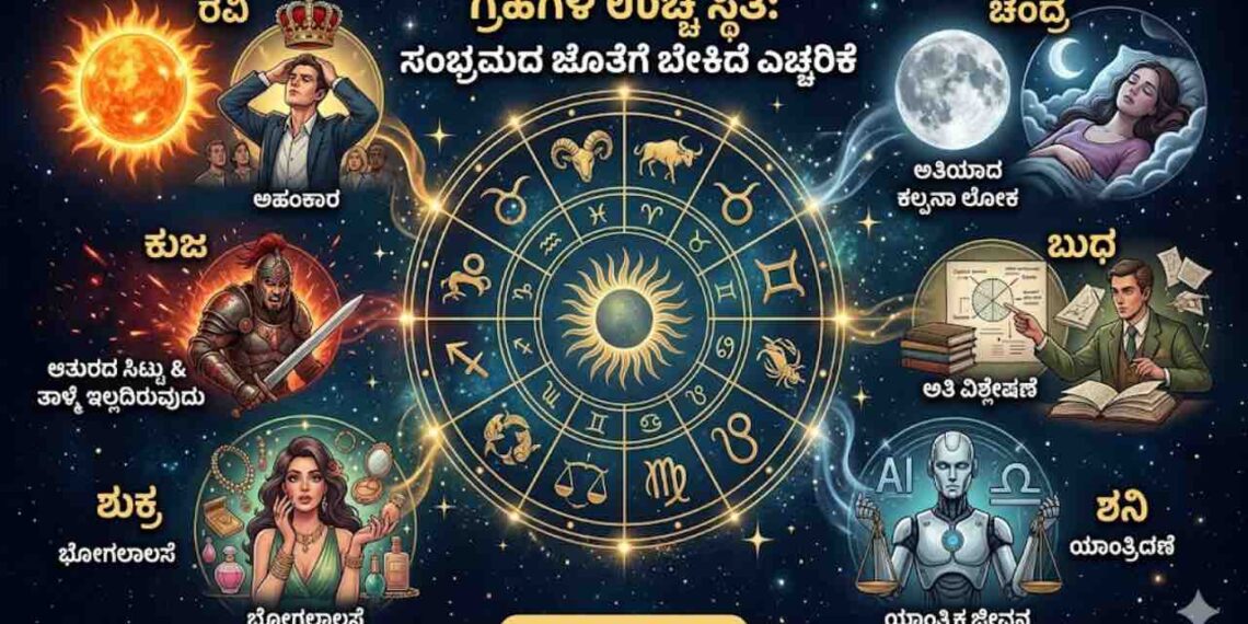 Digital illustration of a zodiac wheel with nine planets showing the intense energy and negative behavioral impacts of exalted planets like Sun, Moon, and Mars.
