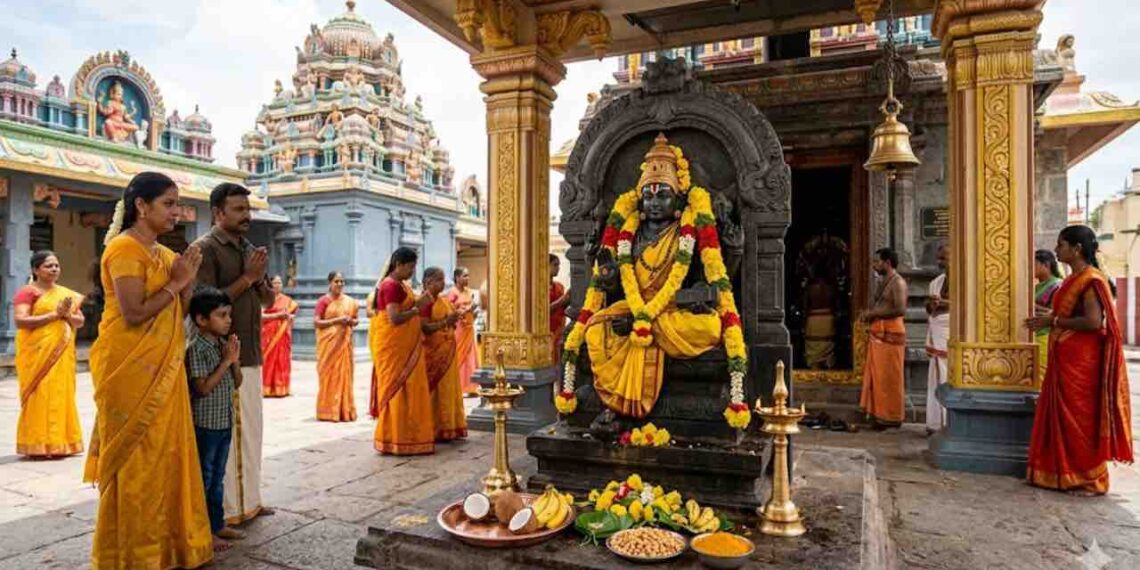 A divine South Indian temple scene where devotees in yellow traditional attire are praying to Lord Guru (Brihaspati) idol decorated with yellow flowers.