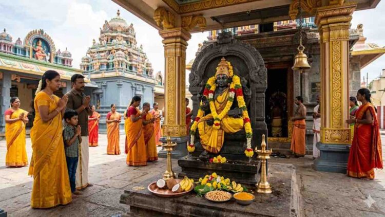 A divine South Indian temple scene where devotees in yellow traditional attire are praying to Lord Guru (Brihaspati) idol decorated with yellow flowers.