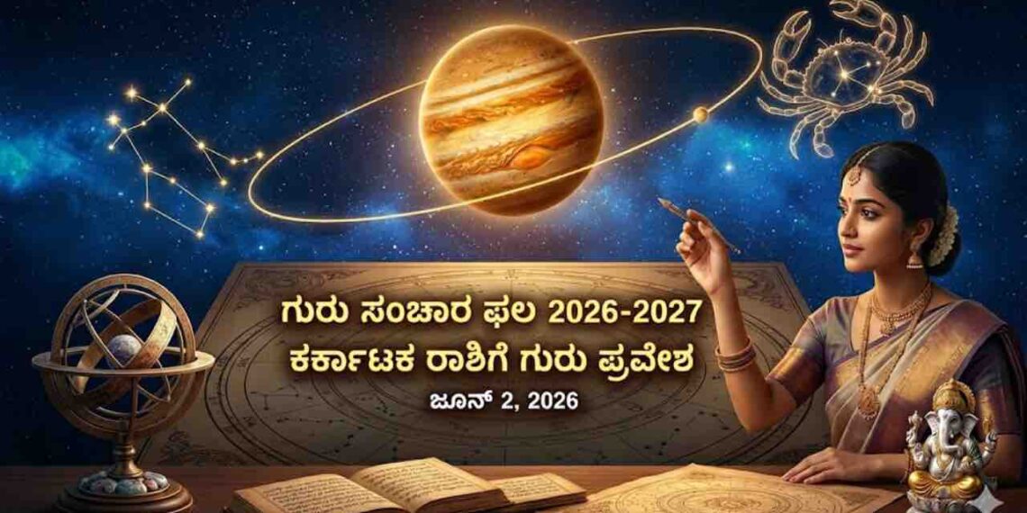 An astrological illustration in Kannada showing Jupiter's transit from Gemini to Cancer in 2026, with key dates.