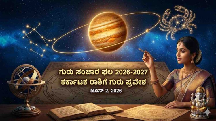 An astrological illustration in Kannada showing Jupiter's transit from Gemini to Cancer in 2026, with key dates.
