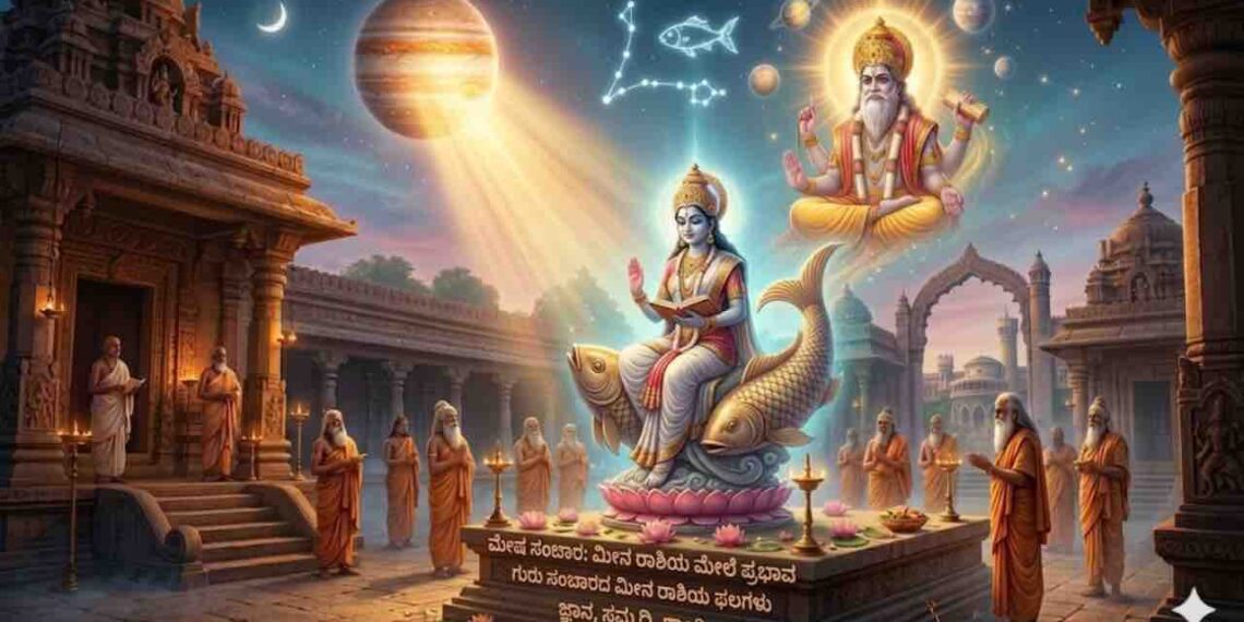 An AI-generated illustration of Jupiter's transit into Pisces, featuring spiritual figures, cosmic elements, and traditional Indian temple architecture.