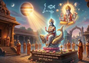 An AI-generated illustration of Jupiter's transit into Pisces, featuring spiritual figures, cosmic elements, and traditional Indian temple architecture.
