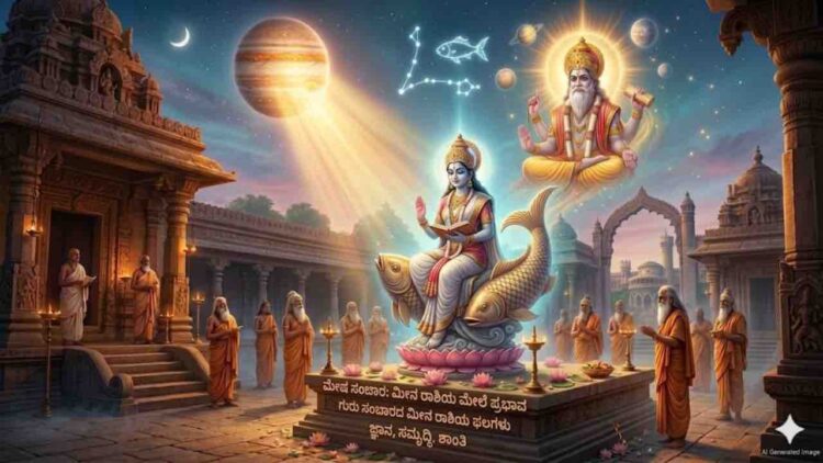An AI-generated illustration of Jupiter's transit into Pisces, featuring spiritual figures, cosmic elements, and traditional Indian temple architecture.