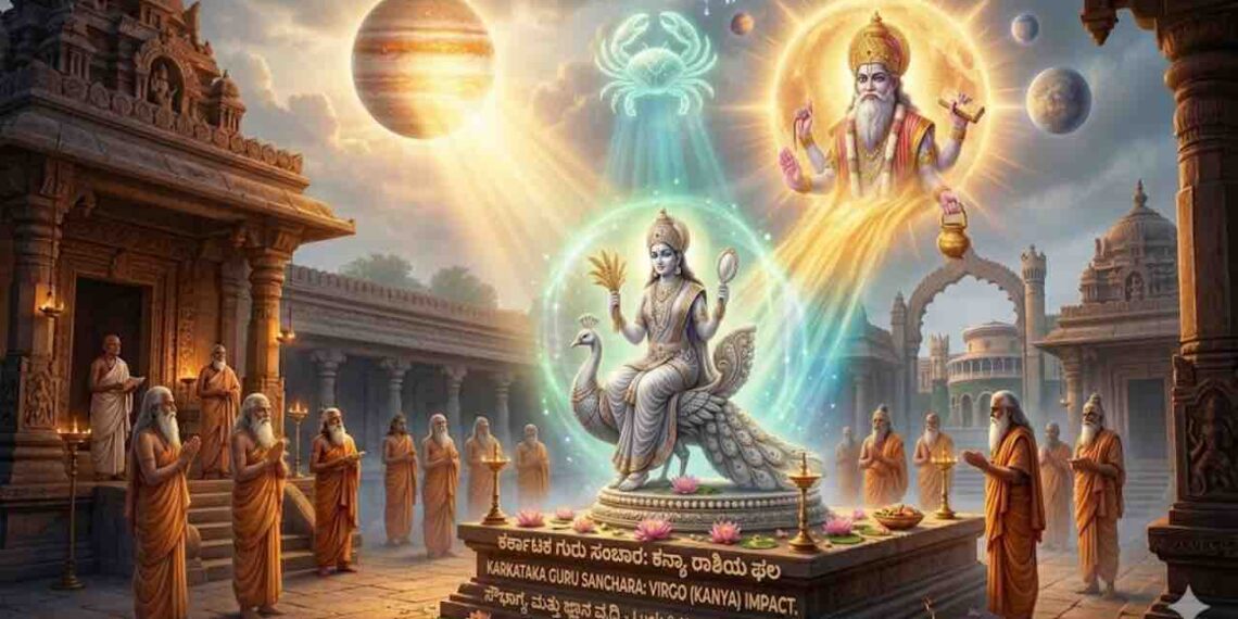 Astrological illustration of Virgo (Kanya Rashi) receiving blessings from Lord Guru in Cancer (Karkataka), symbolizing luck and knowledge.