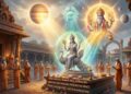 Astrological illustration of Virgo (Kanya Rashi) receiving blessings from Lord Guru in Cancer (Karkataka), symbolizing luck and knowledge.