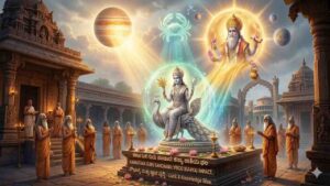 Astrological illustration of Virgo (Kanya Rashi) receiving blessings from Lord Guru in Cancer (Karkataka), symbolizing luck and knowledge.