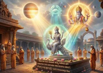Astrological illustration of Virgo (Kanya Rashi) receiving blessings from Lord Guru in Cancer (Karkataka), symbolizing luck and knowledge.