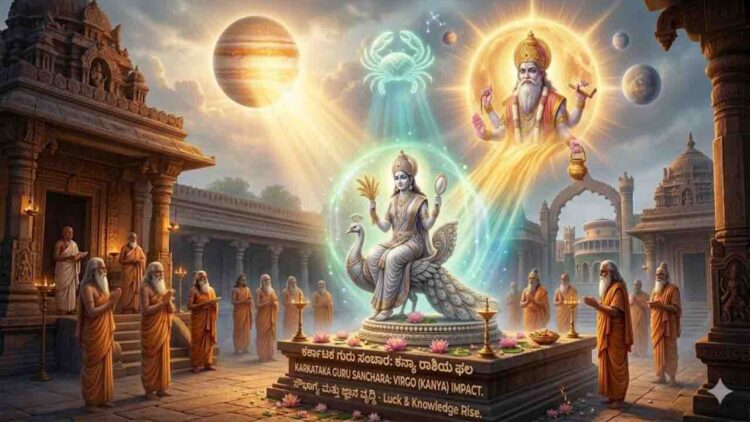 Astrological illustration of Virgo (Kanya Rashi) receiving blessings from Lord Guru in Cancer (Karkataka), symbolizing luck and knowledge.