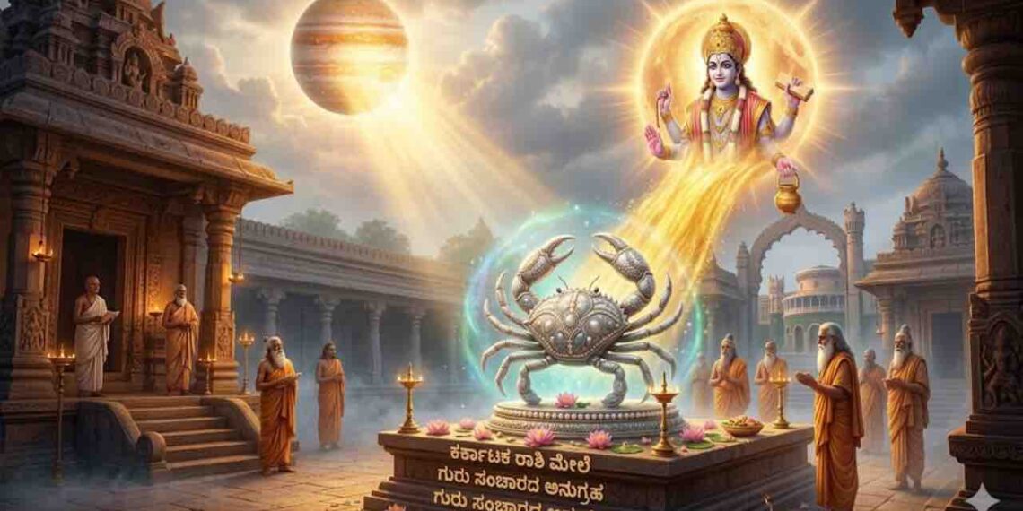 Astrological image of Karkataka Rashi (Cancer) featuring a silver crab on a pedestal with Lord Guru's divine blessing in a temple setting.