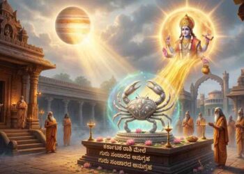 Astrological image of Karkataka Rashi (Cancer) featuring a silver crab on a pedestal with Lord Guru's divine blessing in a temple setting.