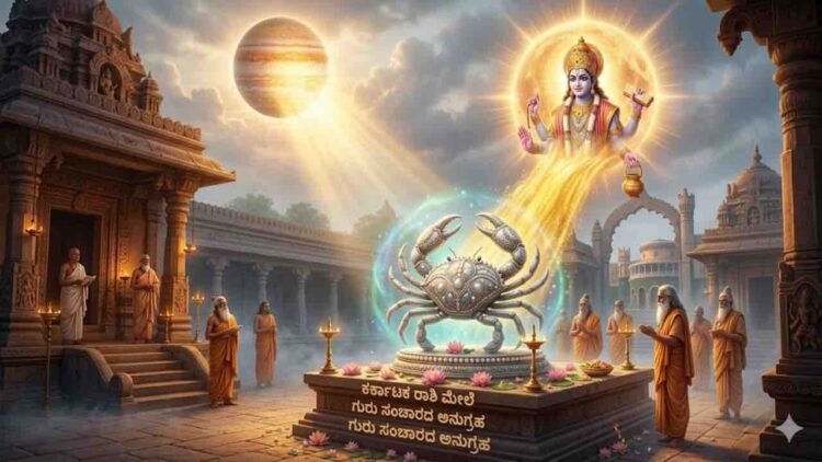 Astrological image of Karkataka Rashi (Cancer) featuring a silver crab on a pedestal with Lord Guru's divine blessing in a temple setting.