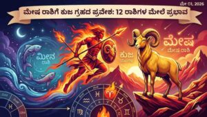 An artistic illustration of Lord Mars (Kuja) transitioning from Pisces (Meena) to Aries (Mesha) zodiac sign with a background of stars and zodiac wheel.
