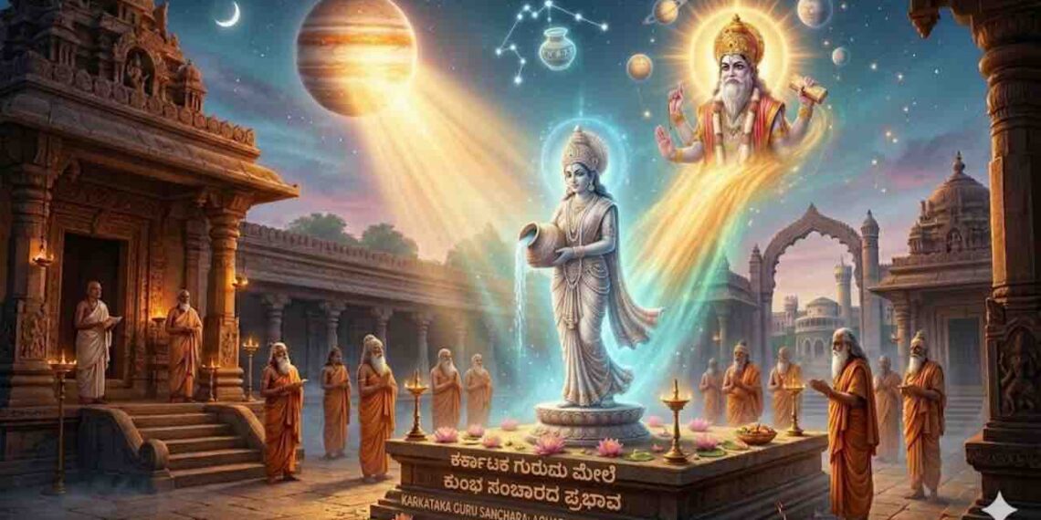 Astrological image for Kumbha Rashi (Aquarius) showing a male figure pouring knowledge from a pot, blessed by Lord Guru (Jupiter) in a temple.
