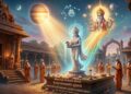 Astrological image for Kumbha Rashi (Aquarius) showing a male figure pouring knowledge from a pot, blessed by Lord Guru (Jupiter) in a temple.
