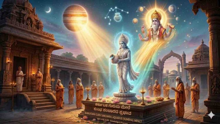 Astrological image for Kumbha Rashi (Aquarius) showing a male figure pouring knowledge from a pot, blessed by Lord Guru (Jupiter) in a temple.