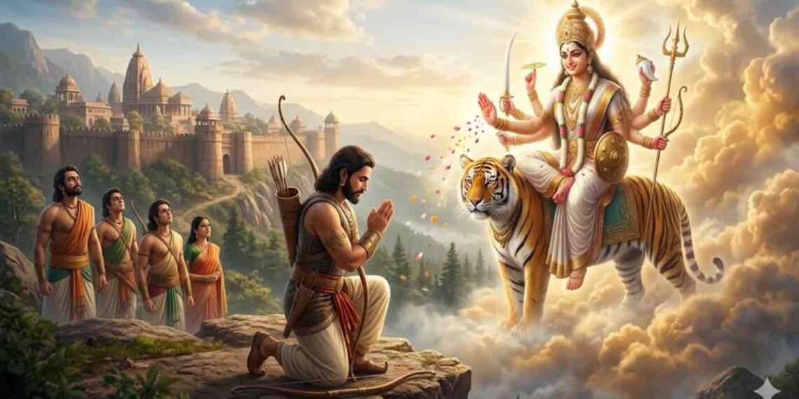 Yudhisthira and Pandavas praying to Goddess Durga during Virat Parva in Mahabharata AI image