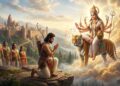 Yudhisthira and Pandavas praying to Goddess Durga during Virat Parva in Mahabharata AI image